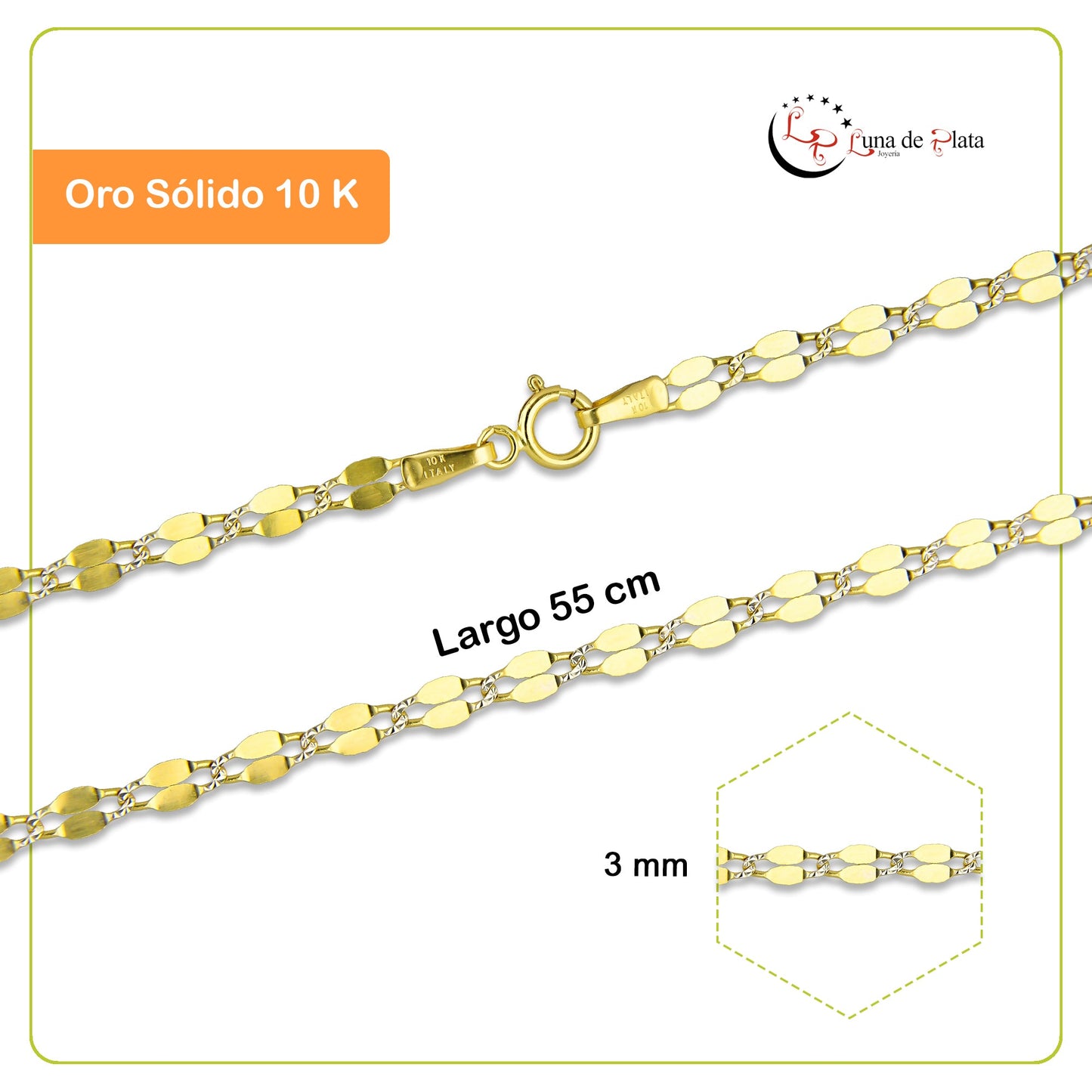 MR10CU038-55 Cadena Oro Sólido 10K Ancla Lisa Forjada Eslabones Largos 3 mm x 55 cm