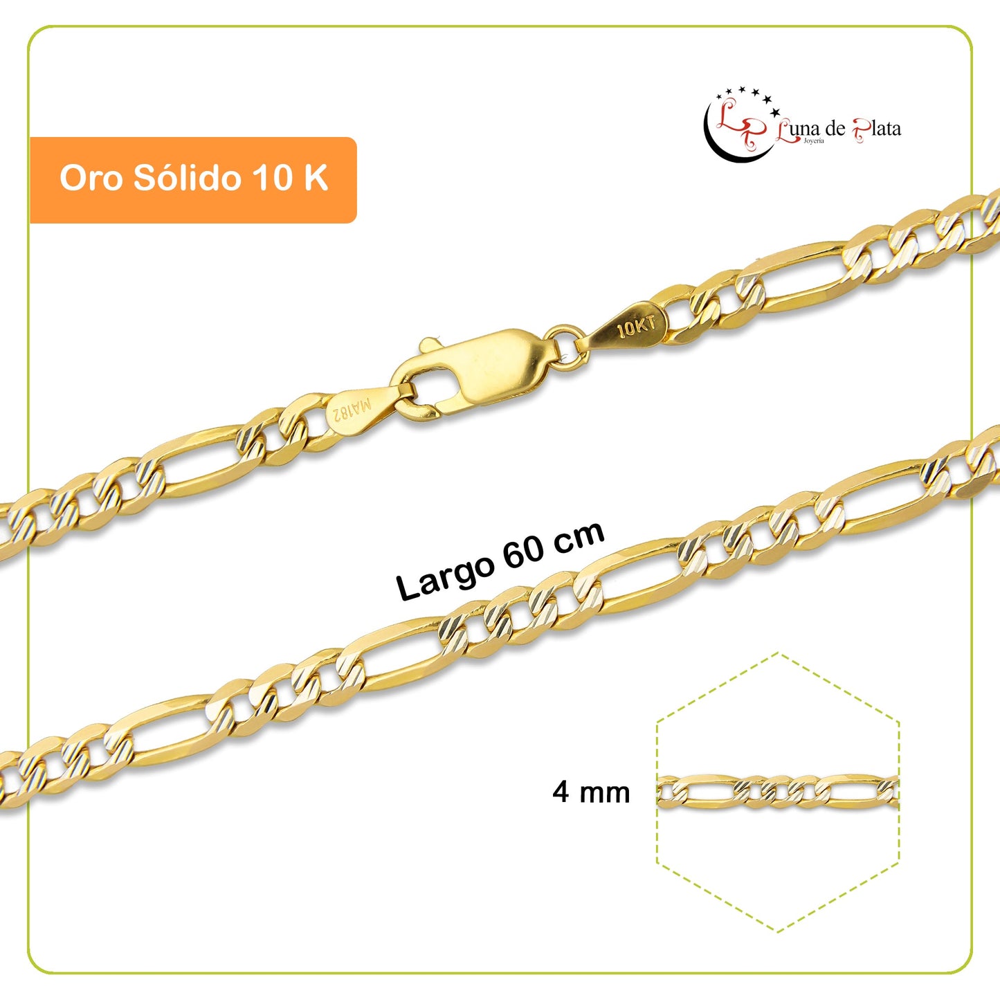 MR10CU039-60 Cadena Oro Sólido 10K Fígaro 3*1 Diamantado Diagonal 4 mm x 60 cm