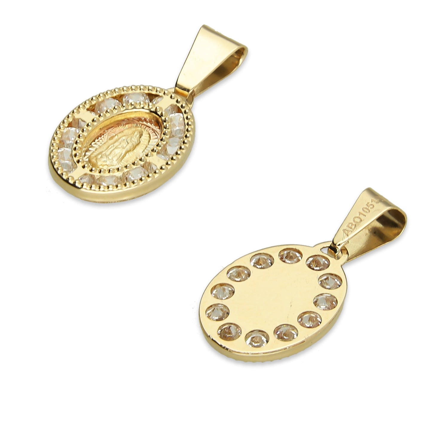 MR14DJ001 Dije Medalla Oval Oro Sólido 14K Virgen Zirc Perl 0.9 x 1.7 cm