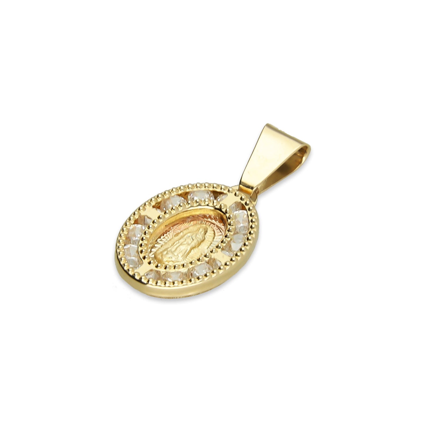 MR14DJ001 Dije Medalla Oval Oro Sólido 14K Virgen Zirc Perl 0.9 x 1.7 cm