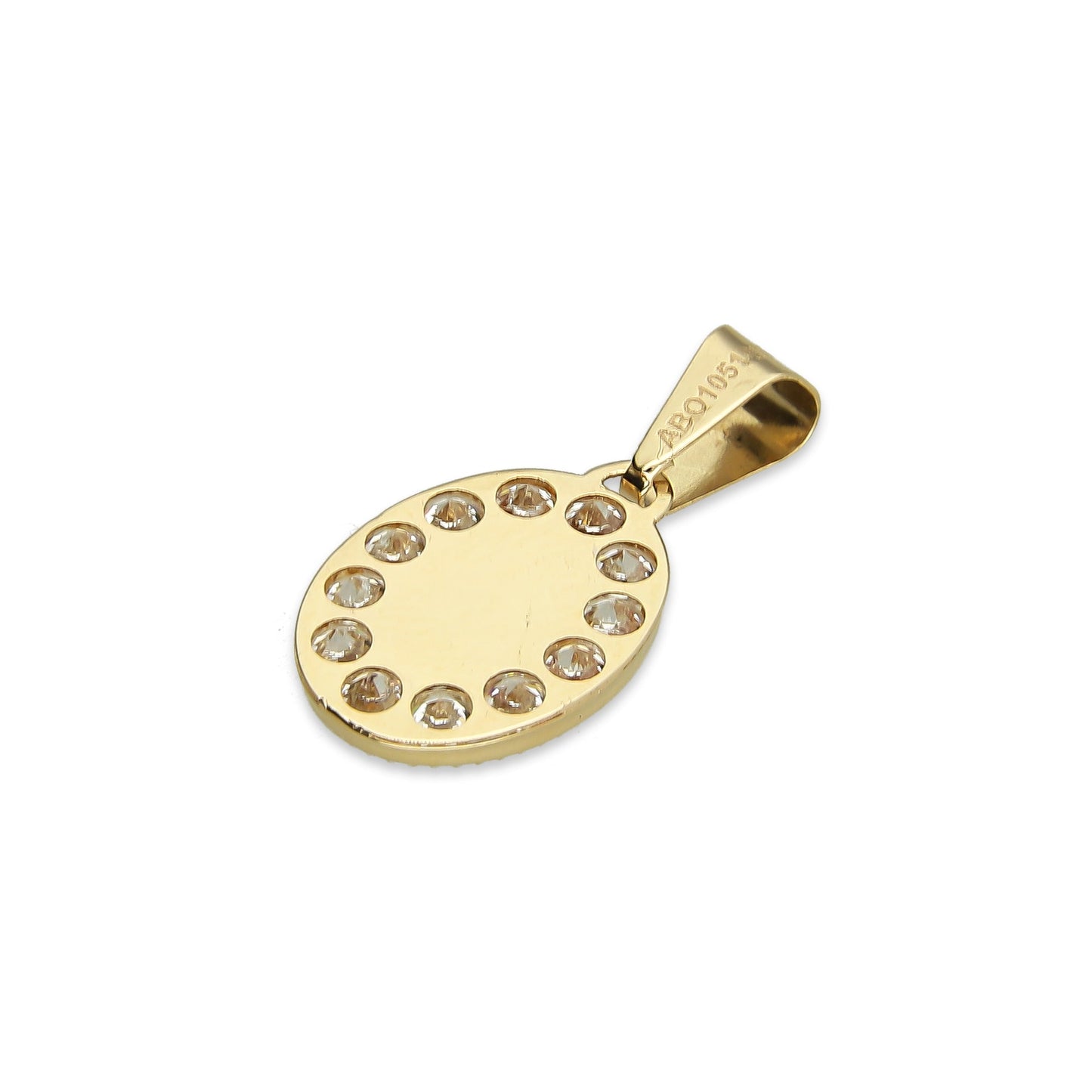 MR14DJ001 Dije Medalla Oval Oro Sólido 14K Virgen Zirc Perl 0.9 x 1.7 cm