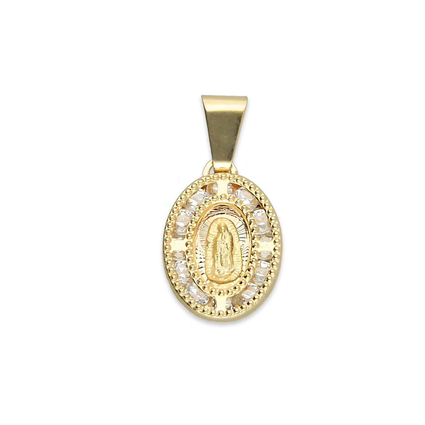 MR14DJ001 Dije Medalla Oval Oro Sólido 14K Virgen Zirc Perl 0.9 x 1.7 cm