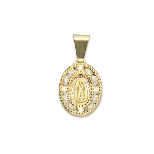 MR14DJ001 Dije Medalla Oval Oro Sólido 14K Virgen Zirc Perl 0.9 x 1.7 cm