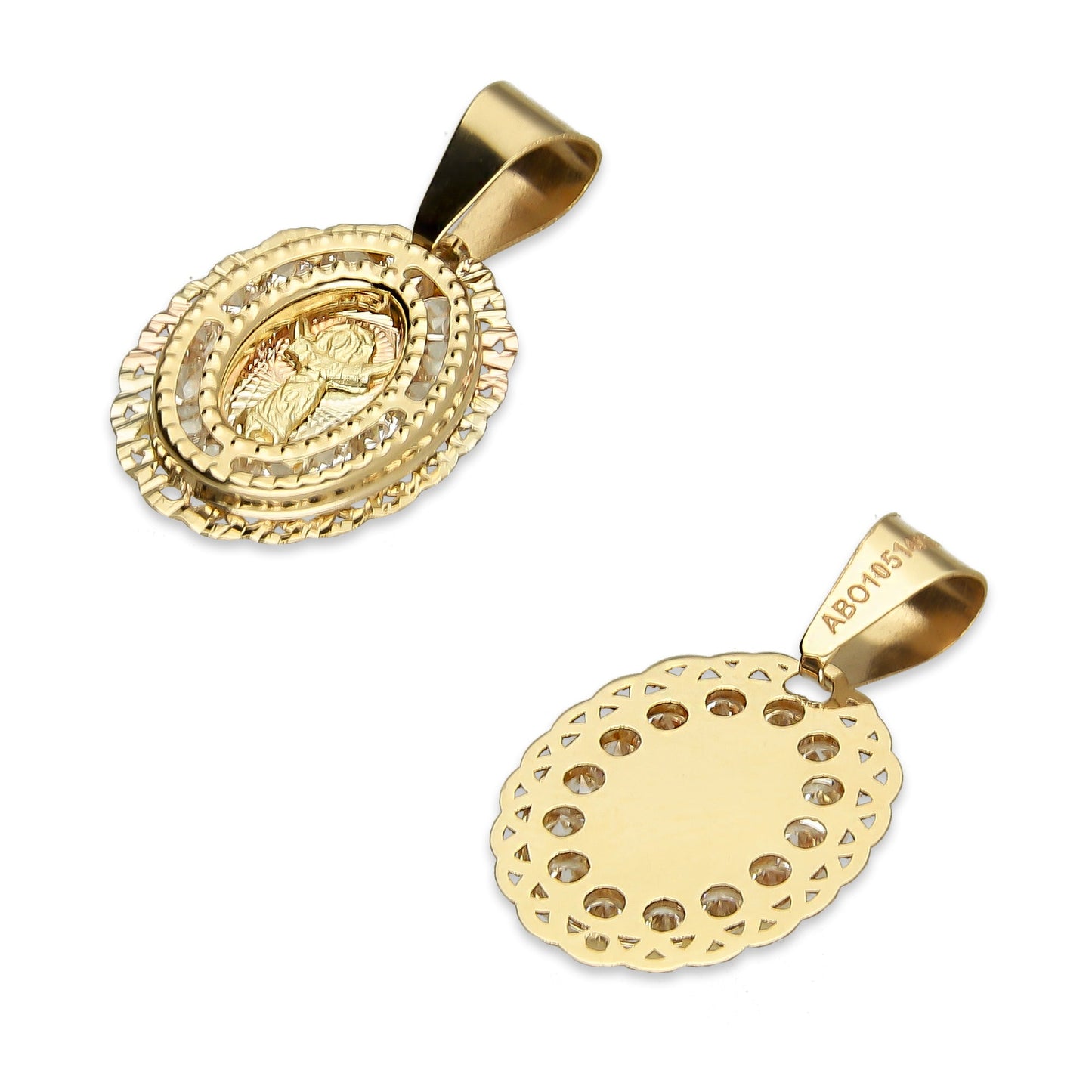 MR14DJ003 Dije Medalla Oval Oro Sólido 14K Divino Niño Zirc Perl Olan 1.1 x 1.9 cm