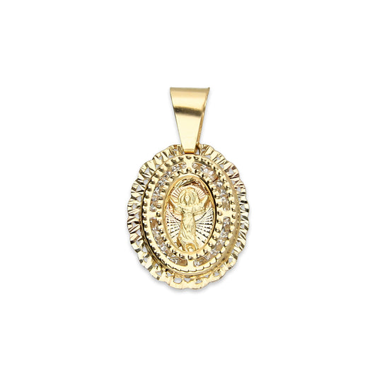 MR14DJ003 Dije Medalla Oval Oro Sólido 14K Divino Niño Zirc Perl Olan 1.1 x 1.9 cm