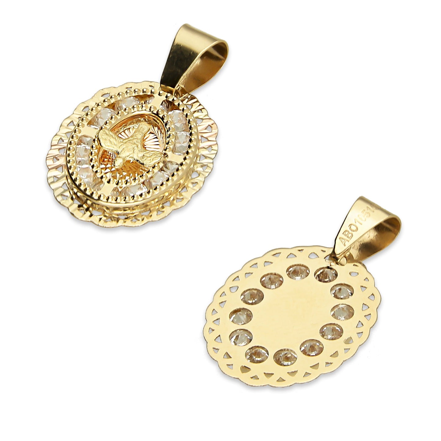 MR14DJ004 Dije Medalla Oval Oro Sólido 14K Espíritu Santo Zirc Perl Olan 1.2 x 1.9 cm