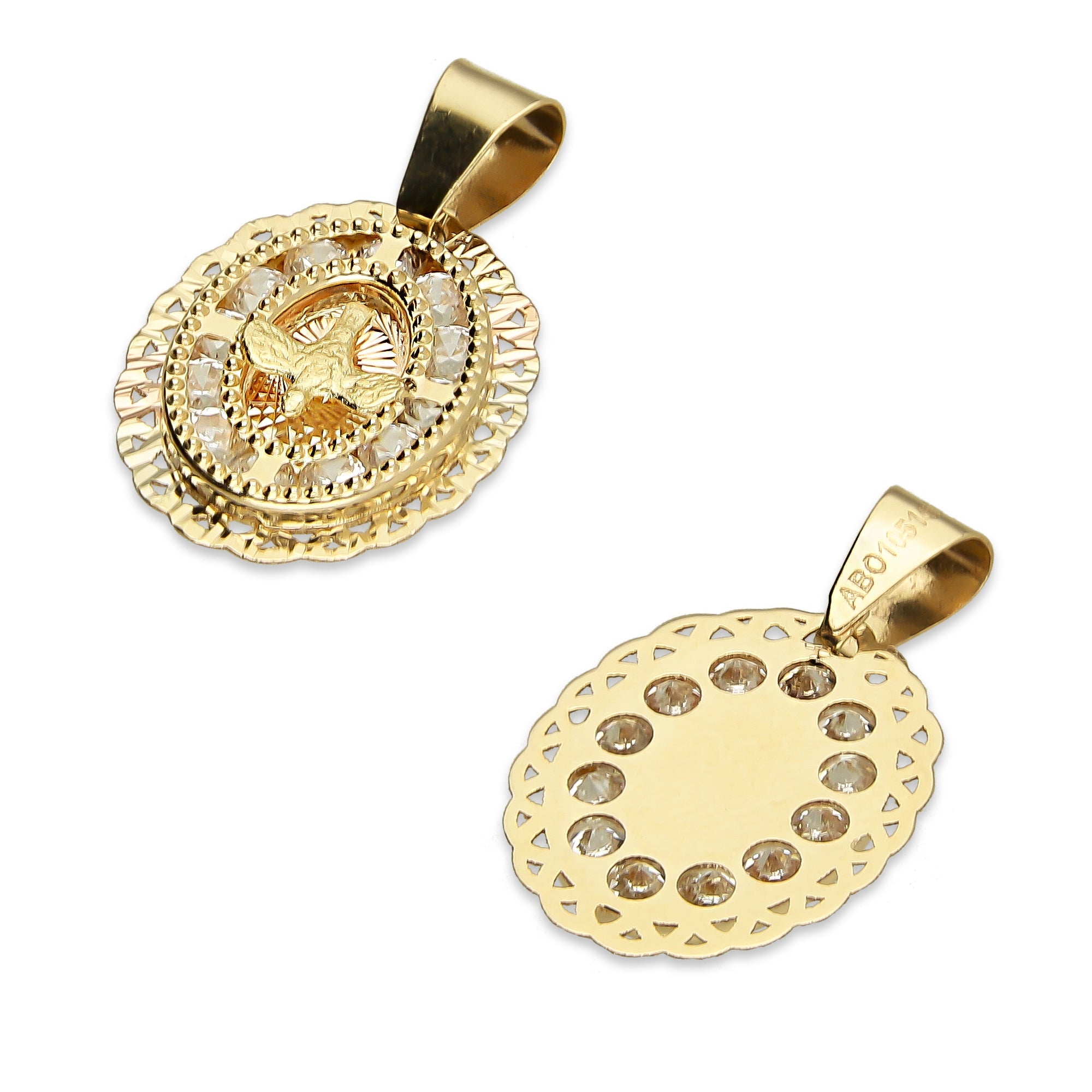 MR14DJ004 Dije Medalla Oval Oro Sólido 14K Espíritu Santo Zirc Perl Olan 1.2 x 1.9 cm
