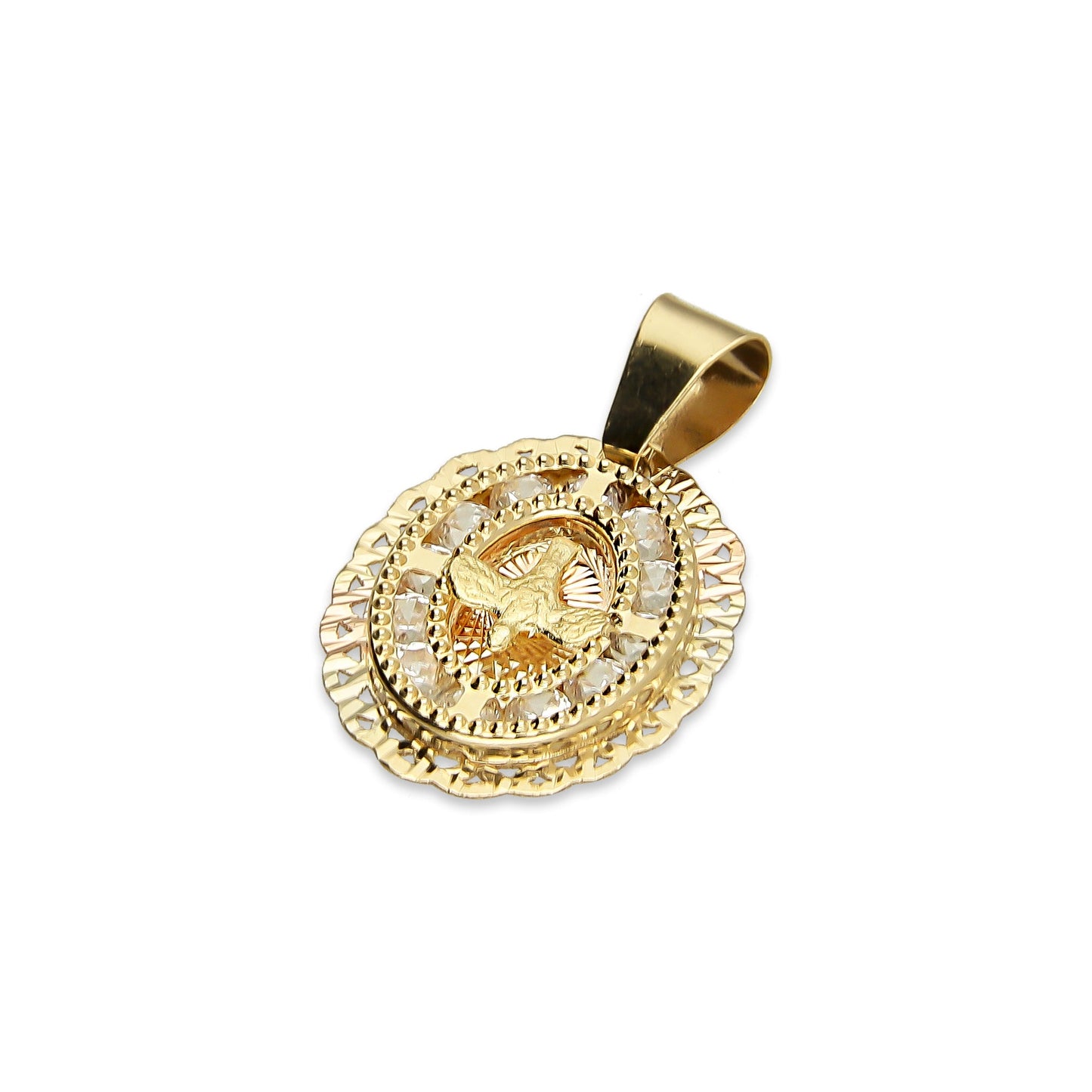 MR14DJ004 Dije Medalla Oval Oro Sólido 14K Espíritu Santo Zirc Perl Olan 1.2 x 1.9 cm