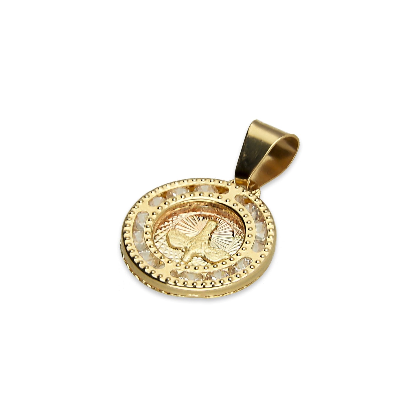 MR14DJ006 Dije Medalla Redonda Oro Sólido 14K Espíritu Santo Zirc Perl 1.1 x 1.7 cm