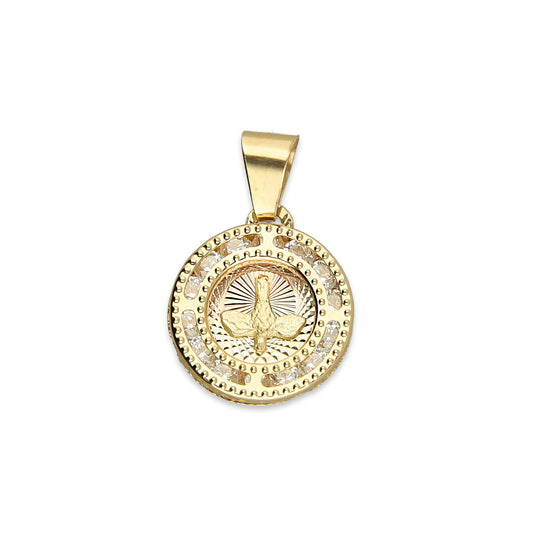 MR14DJ006 Dije Medalla Redonda Oro Sólido 14K Espíritu Santo Zirc Perl 1.1 x 1.7 cm