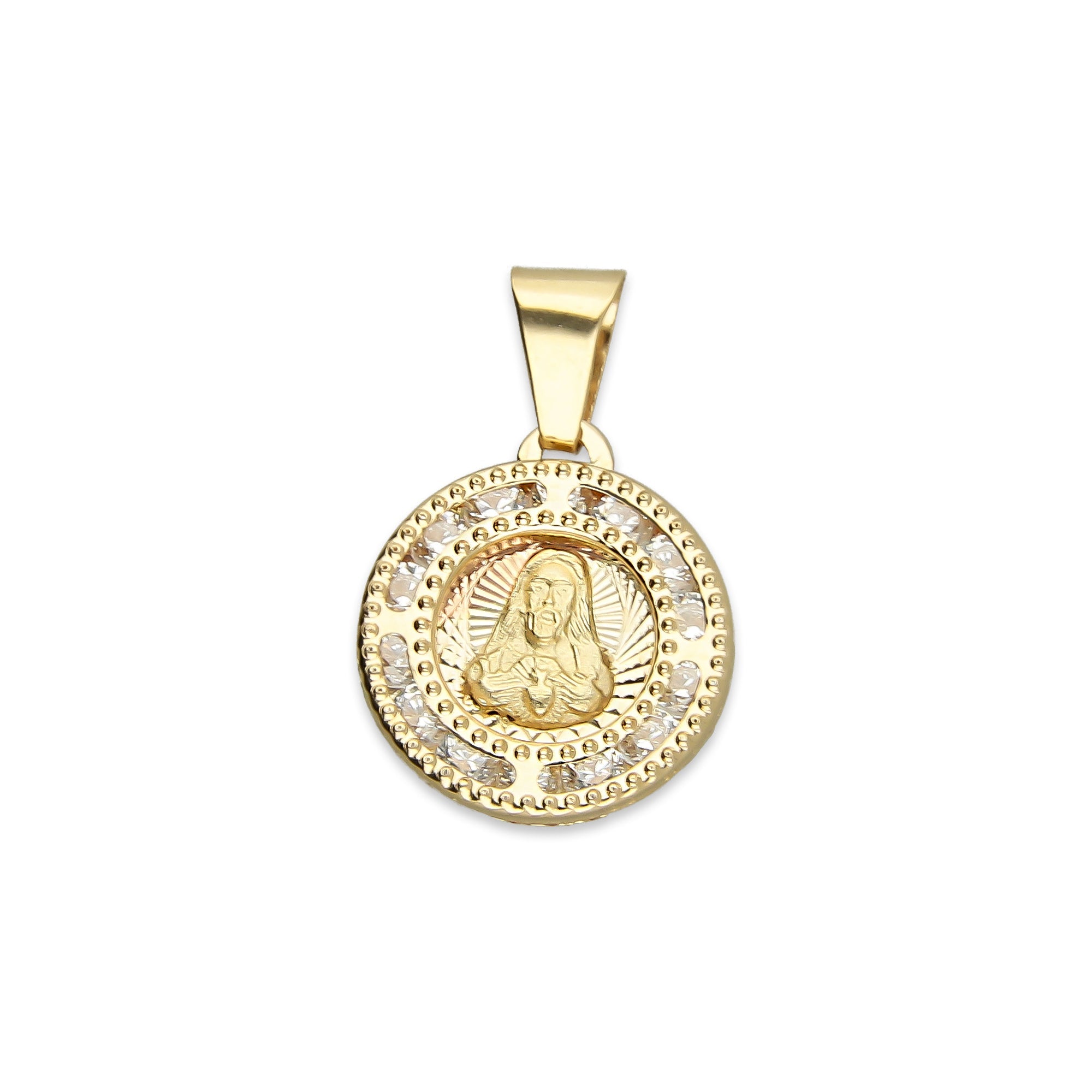 MR14DJ007 Dije Medalla Redonda Oro Sólido 14K Sagrado Corazón Zirc Perl 1.1 x 1.7 cm