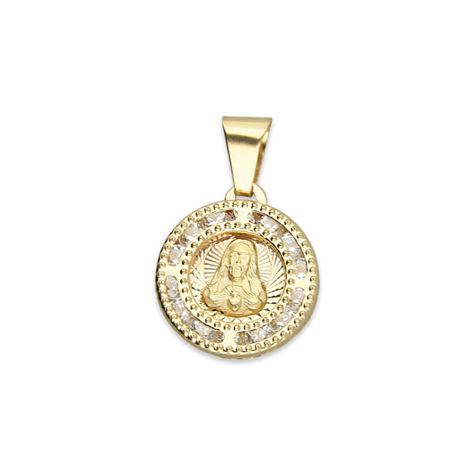MR14DJ007 Dije Medalla Redonda Oro Sólido 14K Sagrado Corazón Zirc Perl 1.1 x 1.7 cm