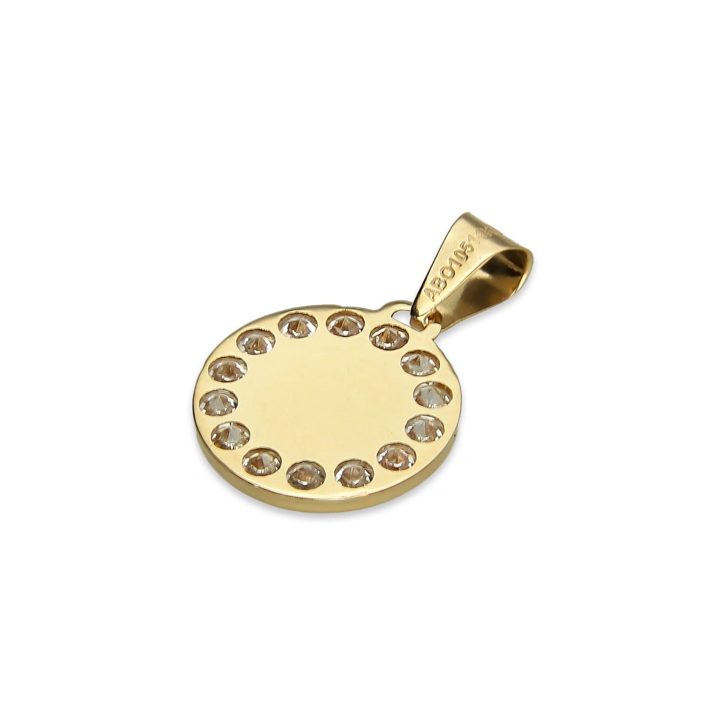 MR14DJ008 Dije Medalla Redonda Oro Sólido 14K Virgen Zirc Perl 1.1 x 1.7 cm