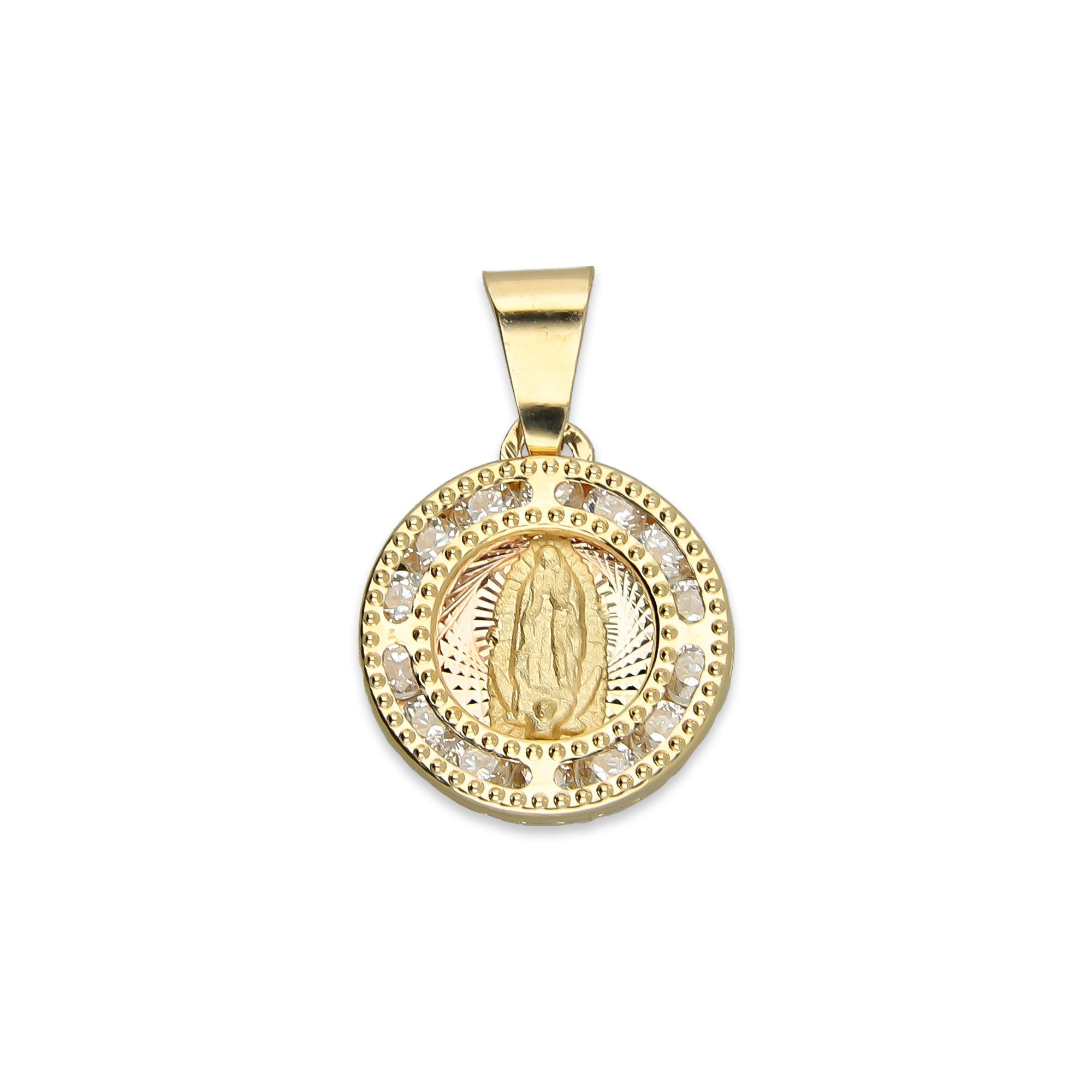 MR14DJ008 Dije Medalla Redonda Oro Sólido 14K Virgen Zirc Perl 1.1 x 1.7 cm