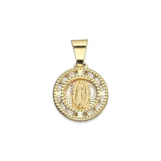 MR14DJ008 Dije Medalla Redonda Oro Sólido 14K Virgen Zirc Perl 1.1 x 1.7 cm