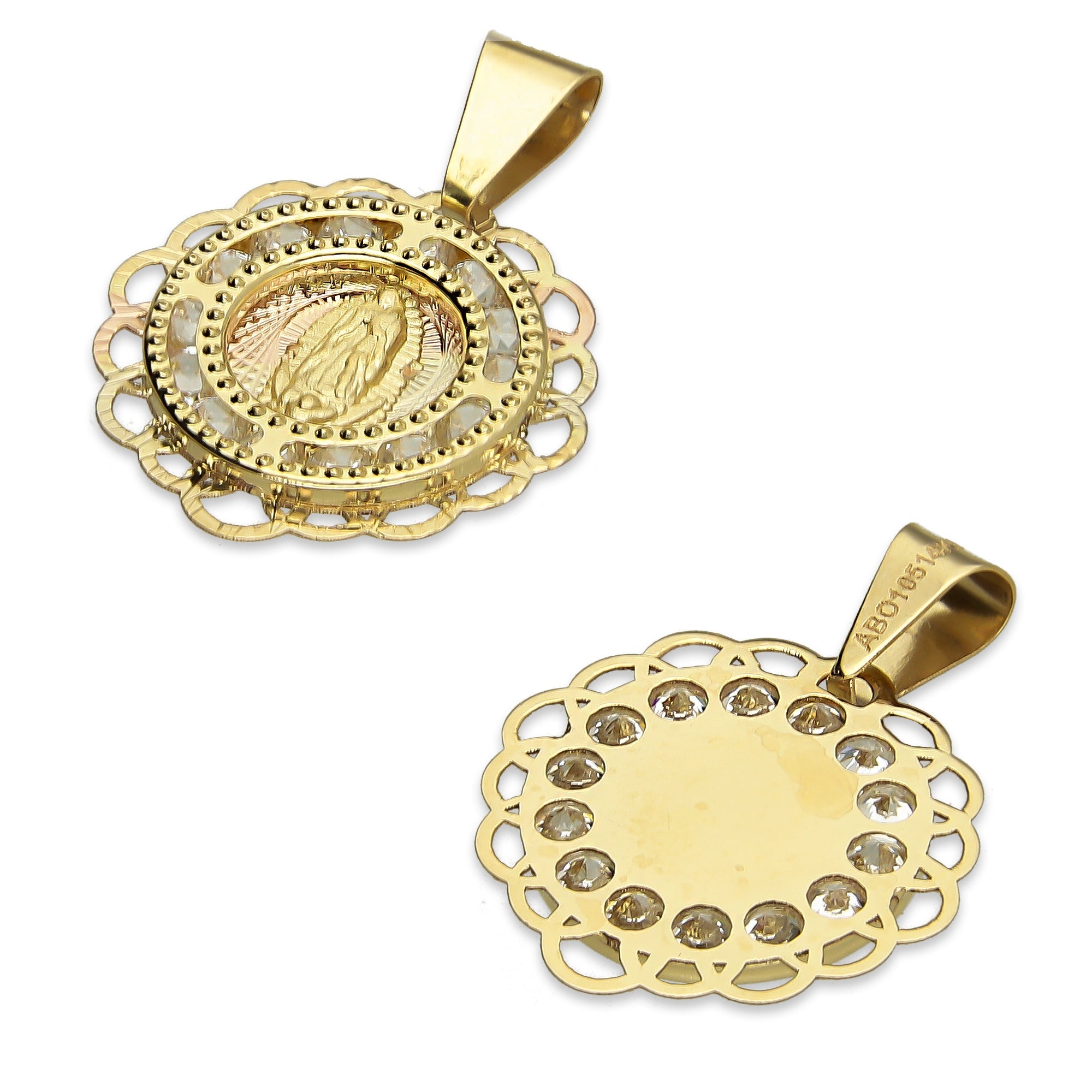 MR14DJ013 Dije Medalla Redonda Oro Sólido 14K Virgen Zirc Perl Olan 1.5 x 1.9 cm