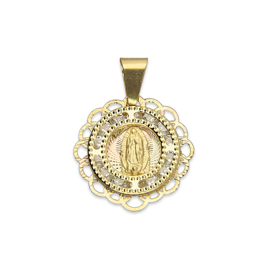 MR14DJ013 Dije Medalla Redonda Oro Sólido 14K Virgen Zirc Perl Olan 1.5 x 1.9 cm