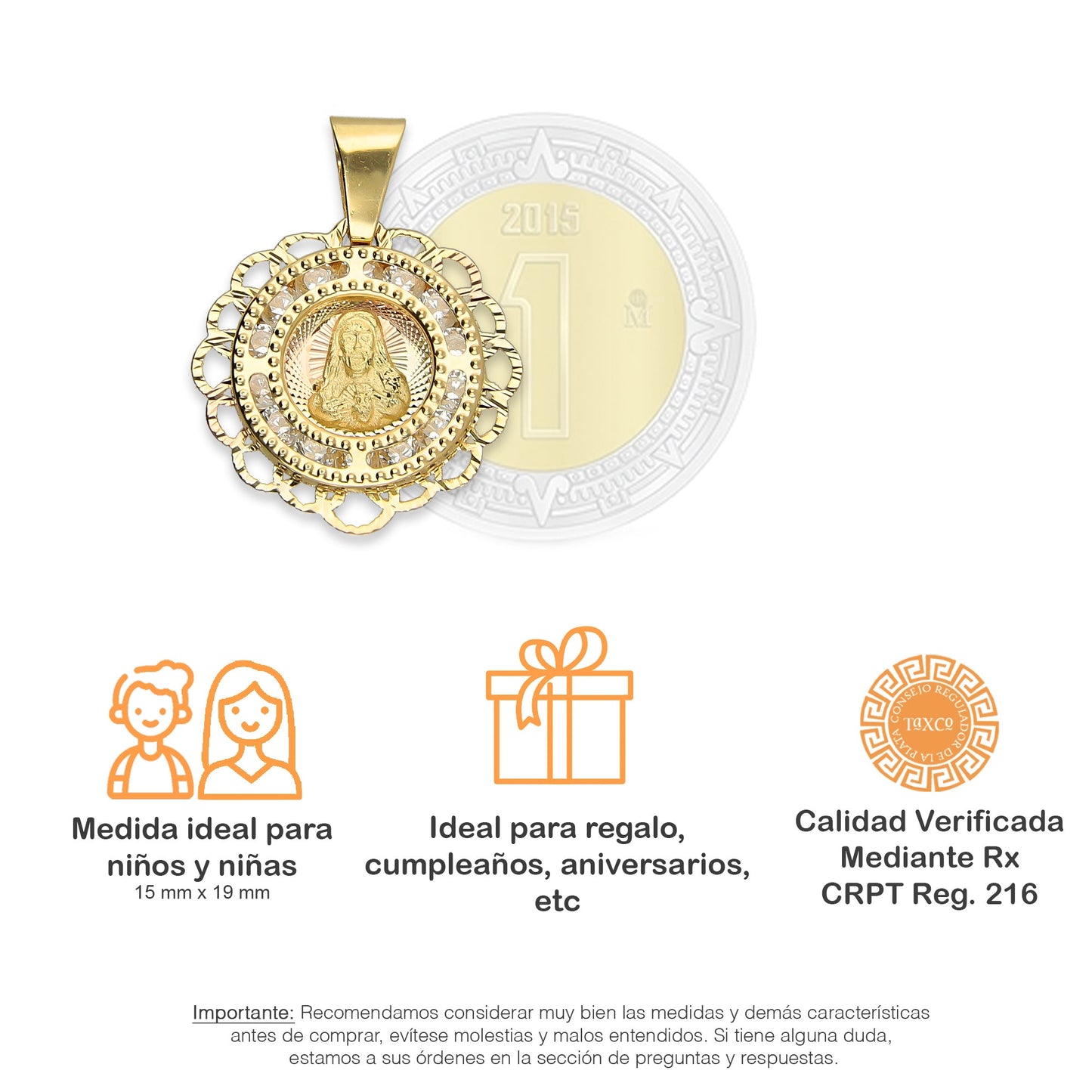 MR14DJ014 Dije Medalla Redonda Oro Sólido 14K Sagrado Corazón Zirc Perl Olan 1.5 x 1.9 cm