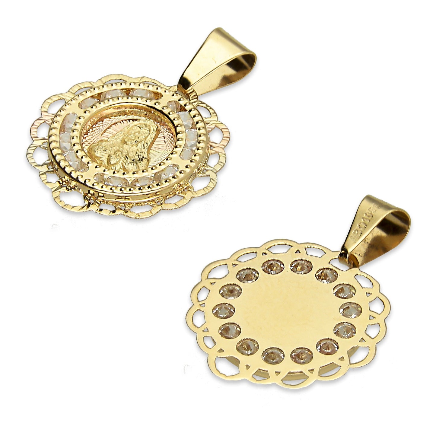 MR14DJ014 Dije Medalla Redonda Oro Sólido 14K Sagrado Corazón Zirc Perl Olan 1.5 x 1.9 cm