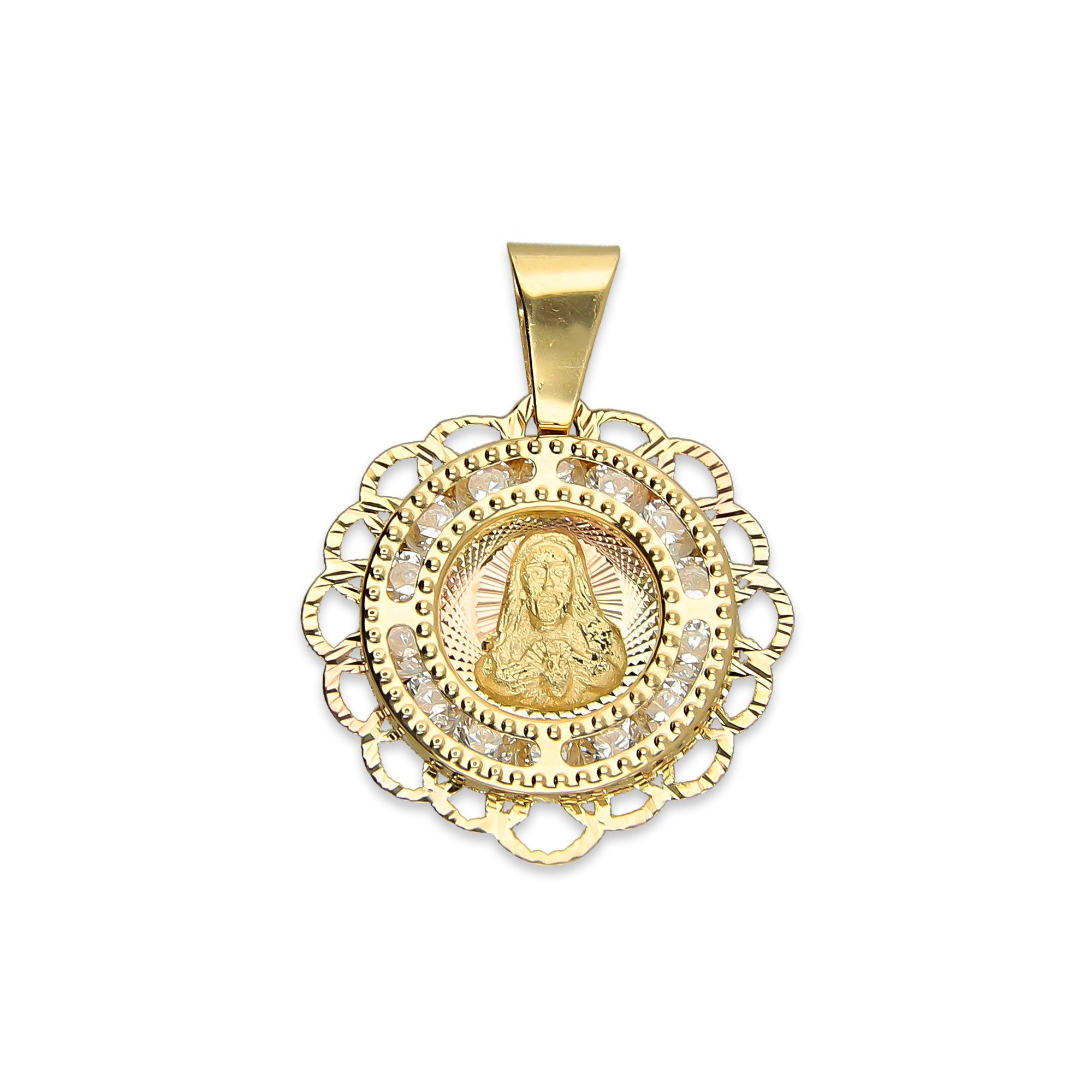 MR14DJ014 Dije Medalla Redonda Oro Sólido 14K Sagrado Corazón Zirc Perl Olan 1.5 x 1.9 cm