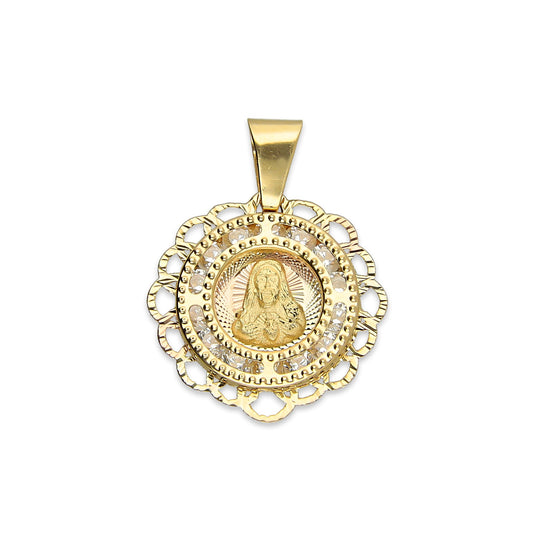 MR14DJ014 Dije Medalla Redonda Oro Sólido 14K Sagrado Corazón Zirc Perl Olan 1.5 x 1.9 cm