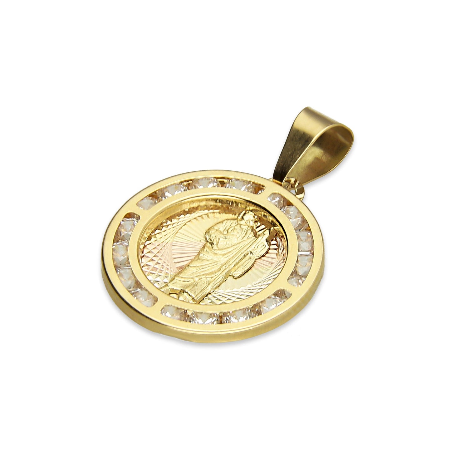 MR14DJ015 Dije Medalla Redonda Oro Sólido 14K San Judas Zirc Lisa 1.5 x 2.3 cm