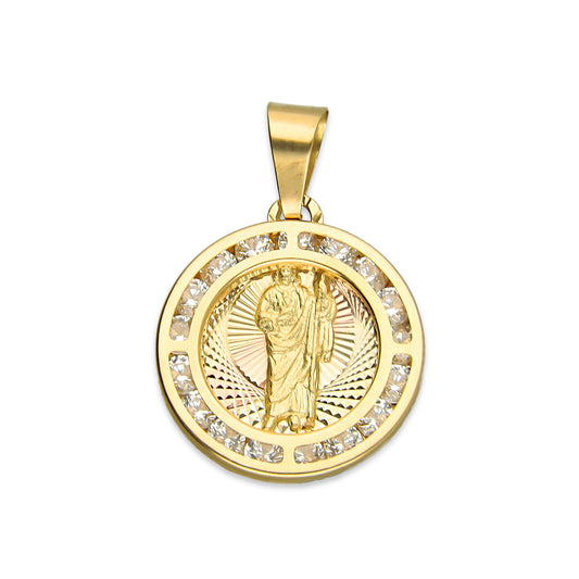 MR14DJ015 Dije Medalla Redonda Oro Sólido 14K San Judas Zirc Lisa 1.5 x 2.3 cm