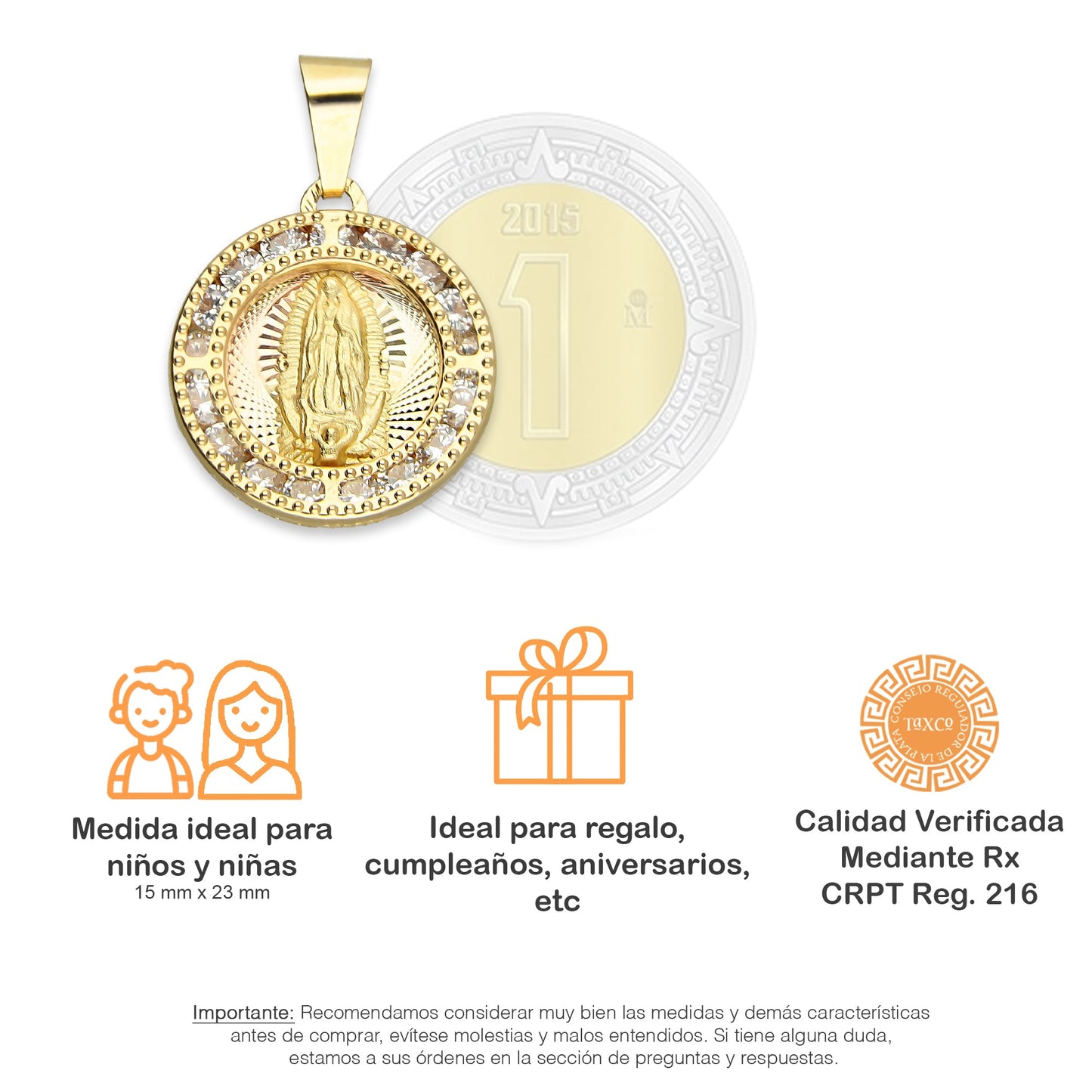 MR14DJ016 Dije Medalla Redonda Oro Sólido 14K Virgen Zirc Perl 1.5 x 2.3 cm