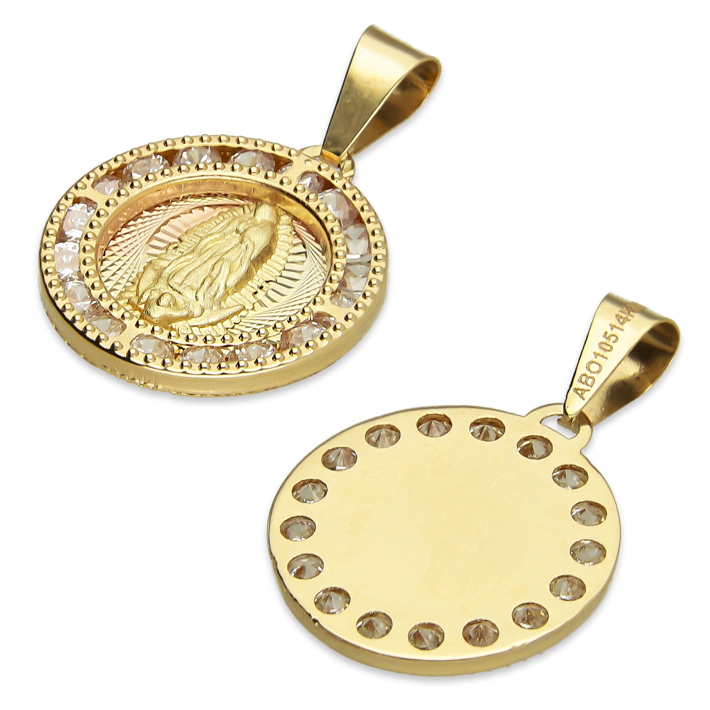 MR14DJ016 Dije Medalla Redonda Oro Sólido 14K Virgen Zirc Perl 1.5 x 2.3 cm