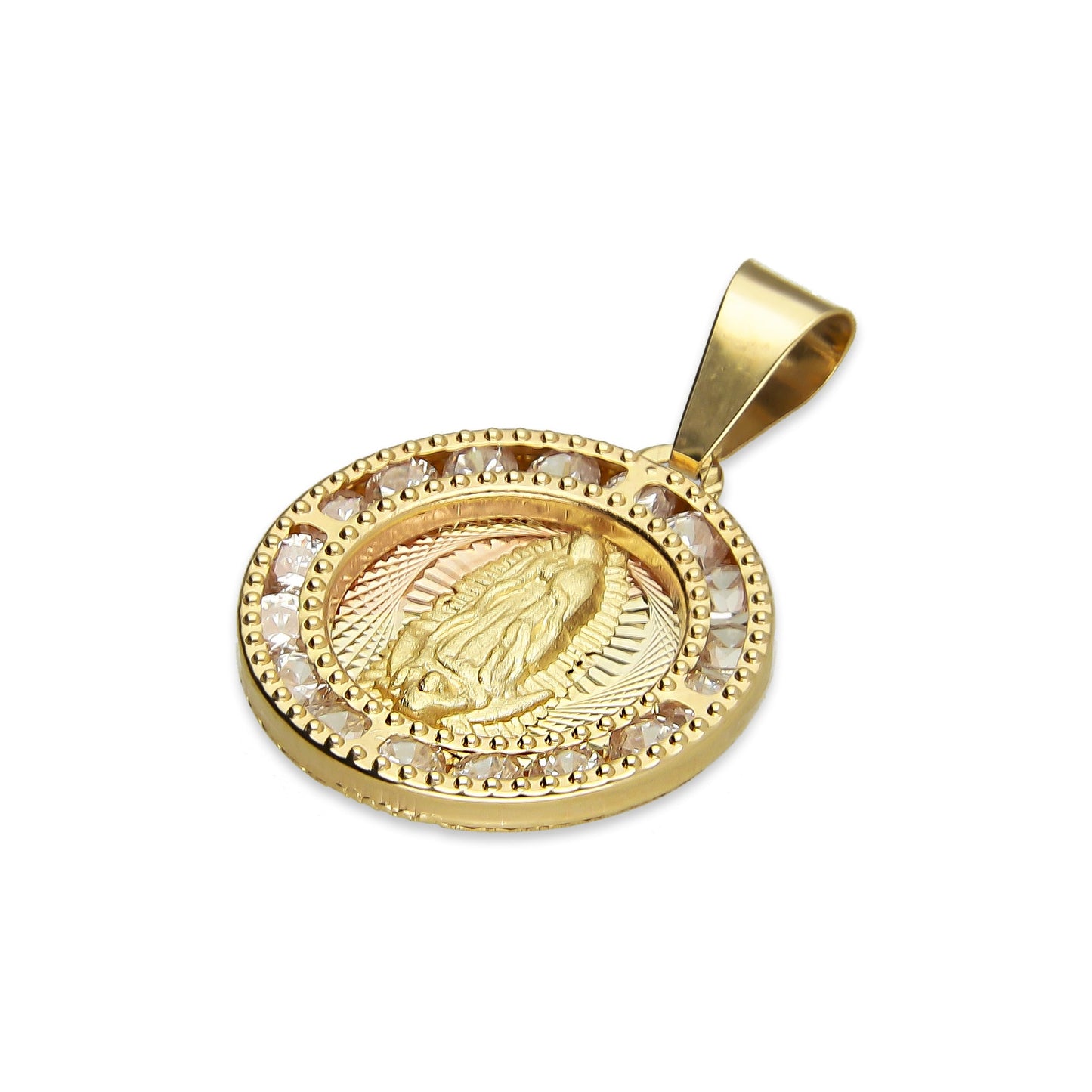 MR14DJ016 Dije Medalla Redonda Oro Sólido 14K Virgen Zirc Perl 1.5 x 2.3 cm