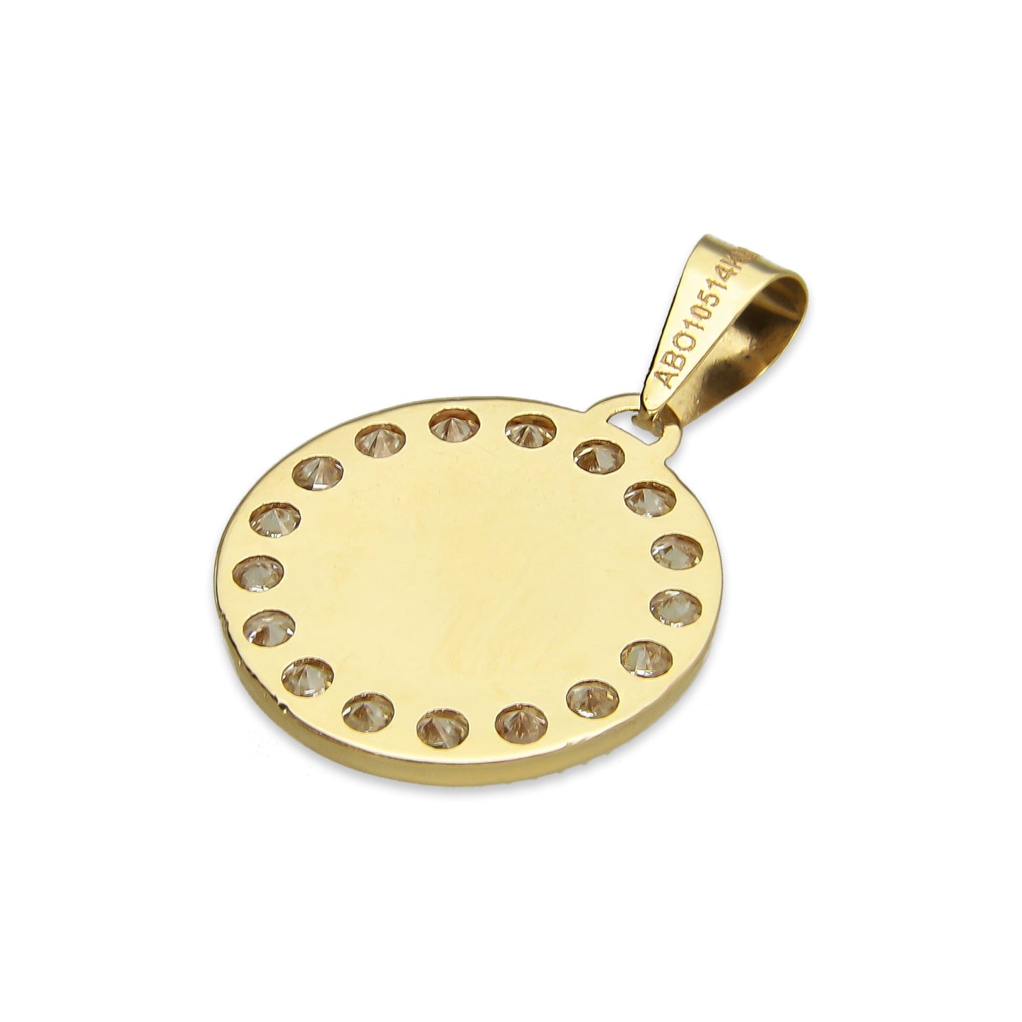 MR14DJ016 Dije Medalla Redonda Oro Sólido 14K Virgen Zirc Perl 1.5 x 2.3 cm