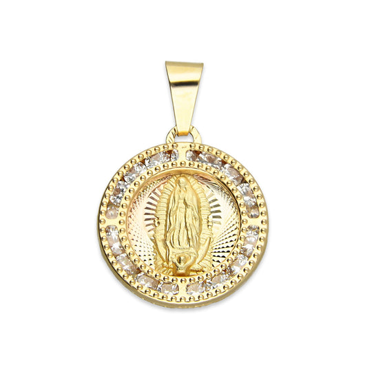 MR14DJ016 Dije Medalla Redonda Oro Sólido 14K Virgen Zirc Perl 1.5 x 2.3 cm