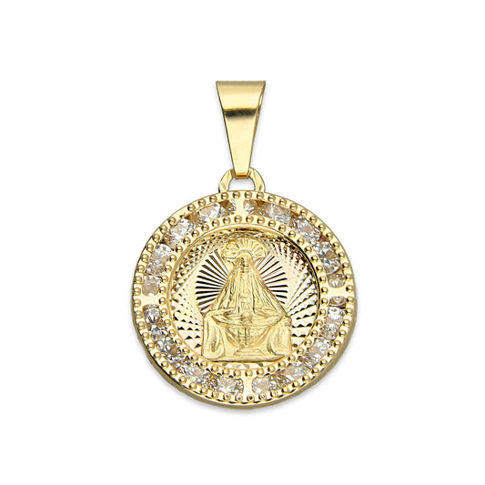 MR14DJ017 Dije Medalla Redonda Oro Sólido 14K Virgen Juquila Zirc Perl 1.5 x 2.3 cm
