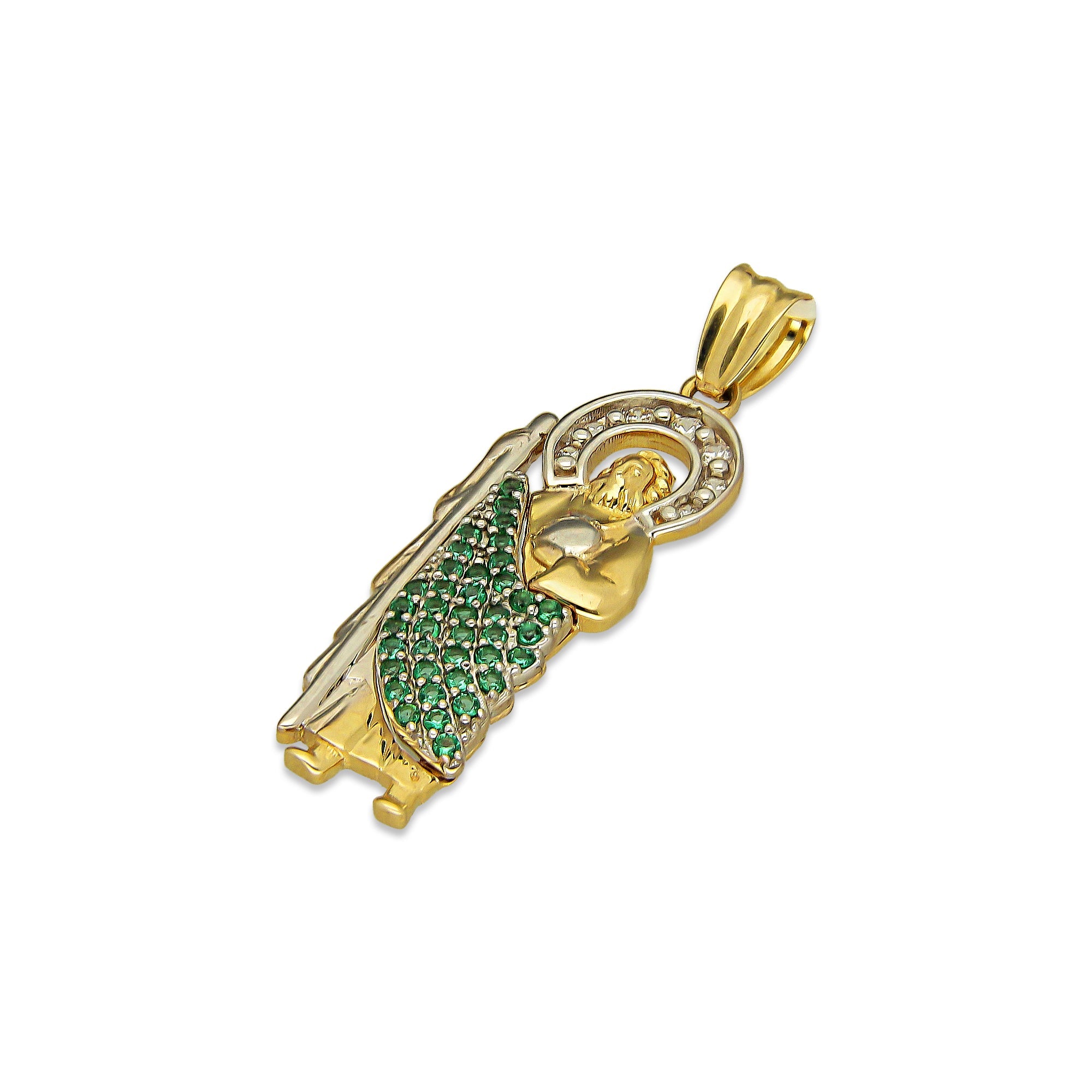 MR10DJ194 Dije Oro Sólido 10K EMF10 San Judas Tadeo Manto con Zirconias Verdes 1 cm x 3.1 cm