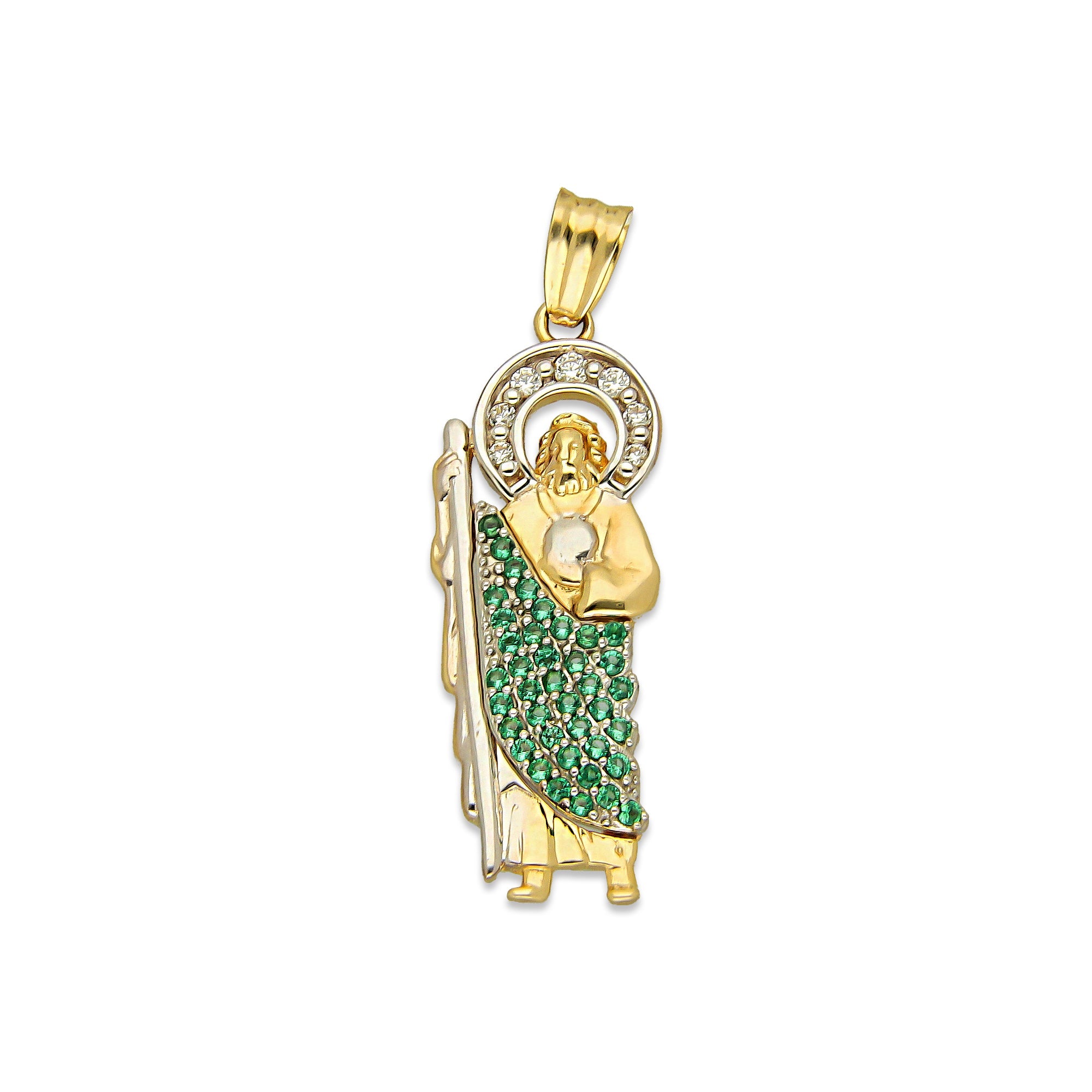 MR10DJ194 Dije Oro Sólido 10K EMF10 San Judas Tadeo Manto con Zirconias Verdes 1 cm x 3.1 cm