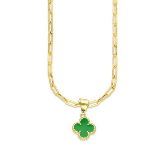 MR10DP105 Cadena Oro Sólido 10K + Dije Oro Sólido 10K EM Trébol Esmaltado Verde 1 cm x 1.9 cm