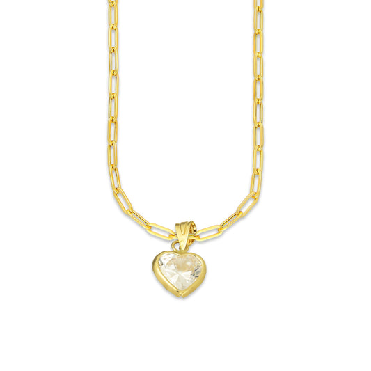 MR10DP109 Cadena Oro Sólido 10K + Dije Oro Sólido 10K EM Corazón con Bisel Liso Blanco 9 mm x 1.6 cm
