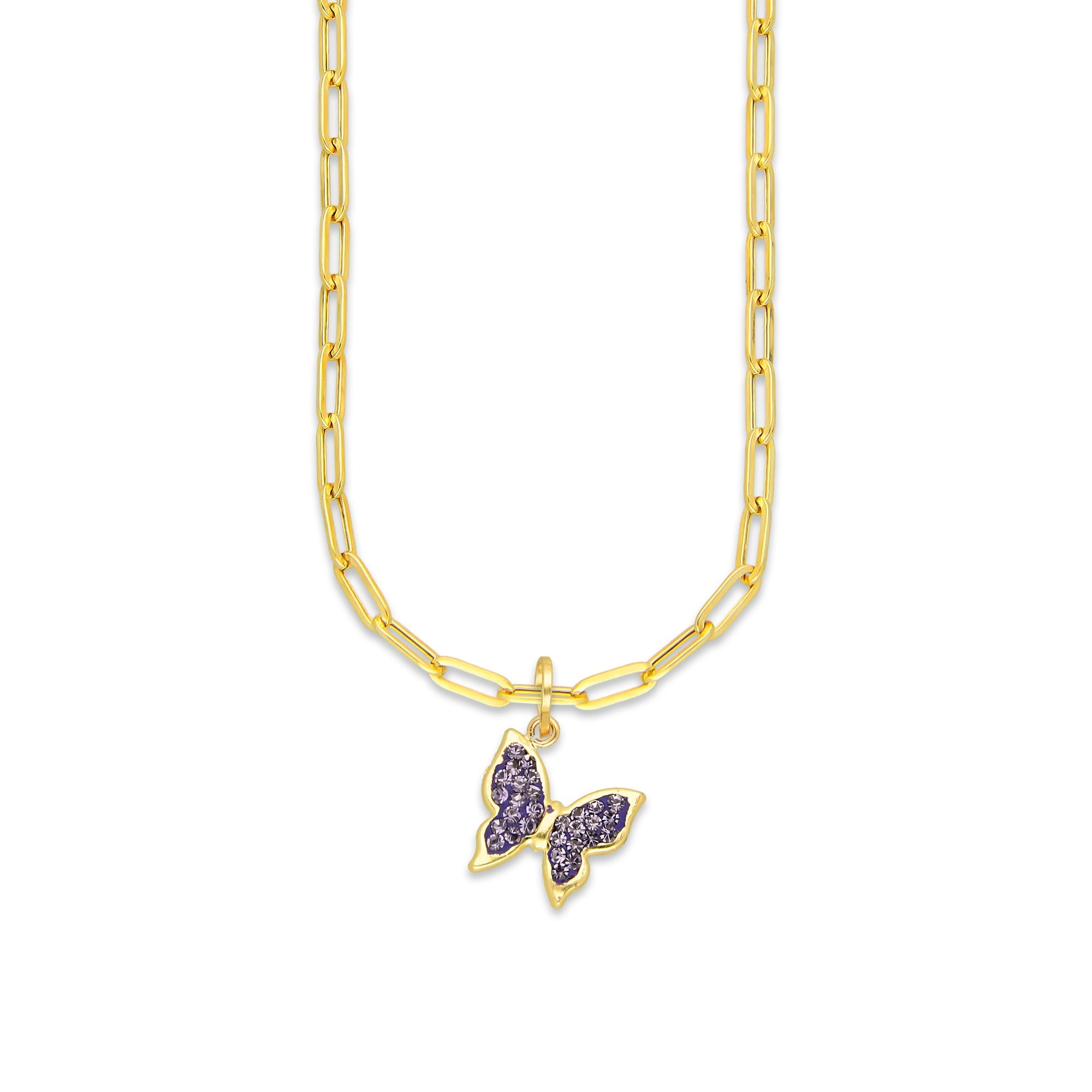 MR10DP112 Cadena Oro Sólido 10K + Dije Oro Sólido 10K EM Mariposa Cristalitos Morado 1 cm x 1.6 cm