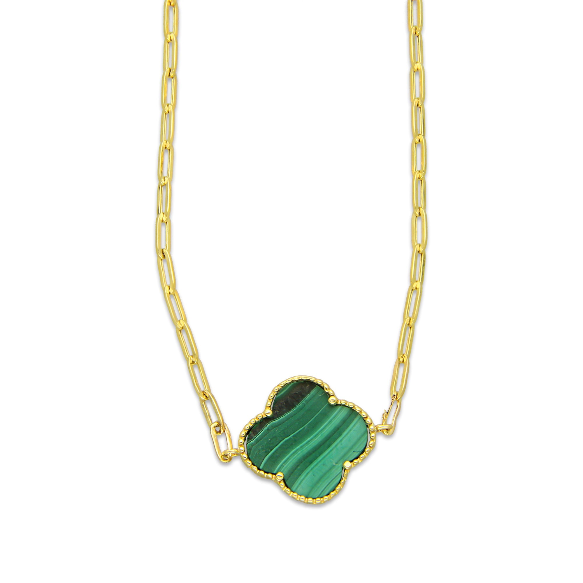 MR10G018 Gargantilla Collar Dama Oro Sólido 10K EMF10 1 Trébol 1.3 cm Verde Largo 45 cm