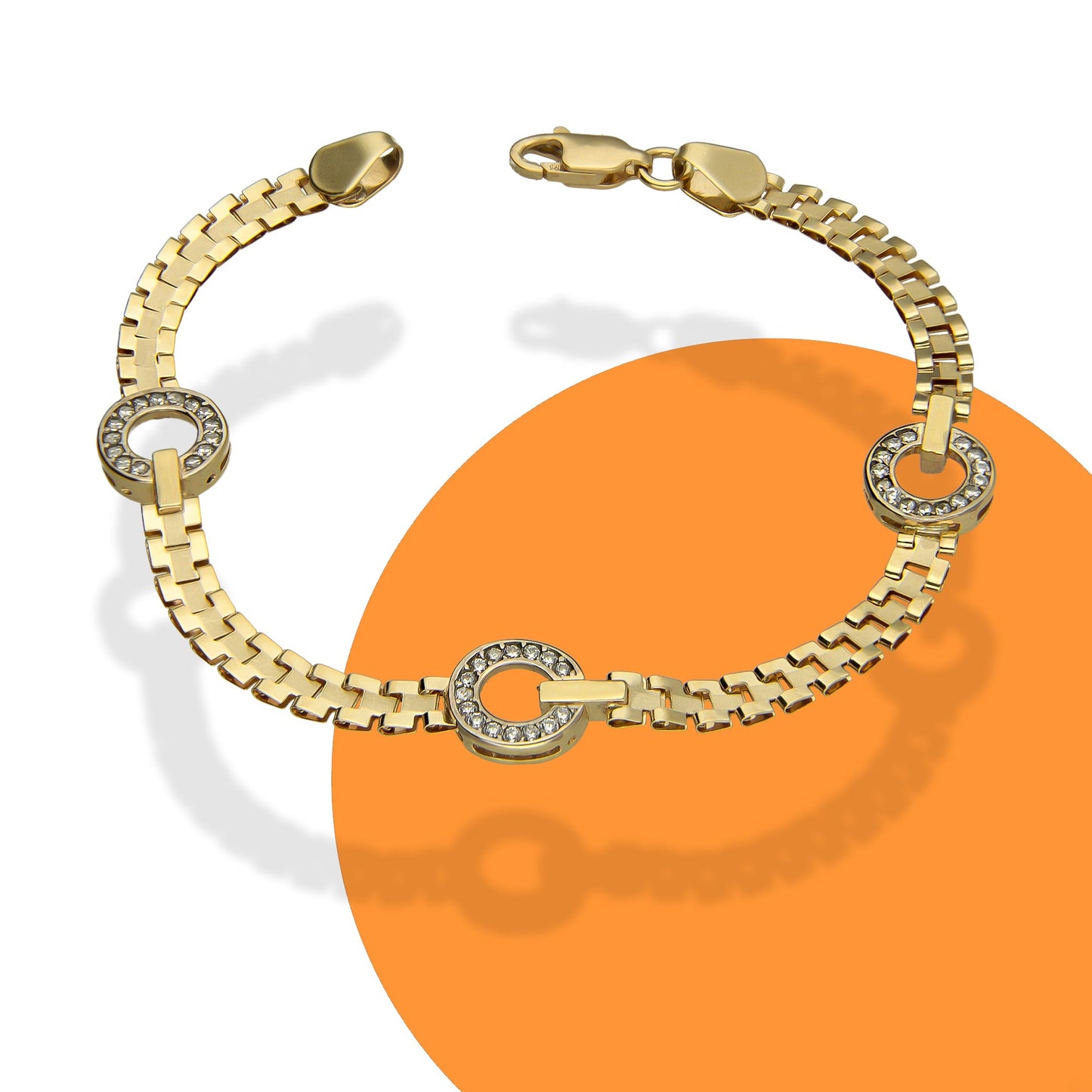 MR14PD007 Pulsera Dama Oro 14K Amarillo Rol 3 Aros con Zirconia 4 Mm x 17 Cm