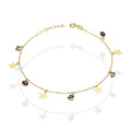 MR10PD033 Pulsera Dama Oro Sólido 10K EMF10 Modelo Ojitos Turcos Azul Marino y Estrellas Colgantes 4.5 mm Ajustable 18 a 20 cm