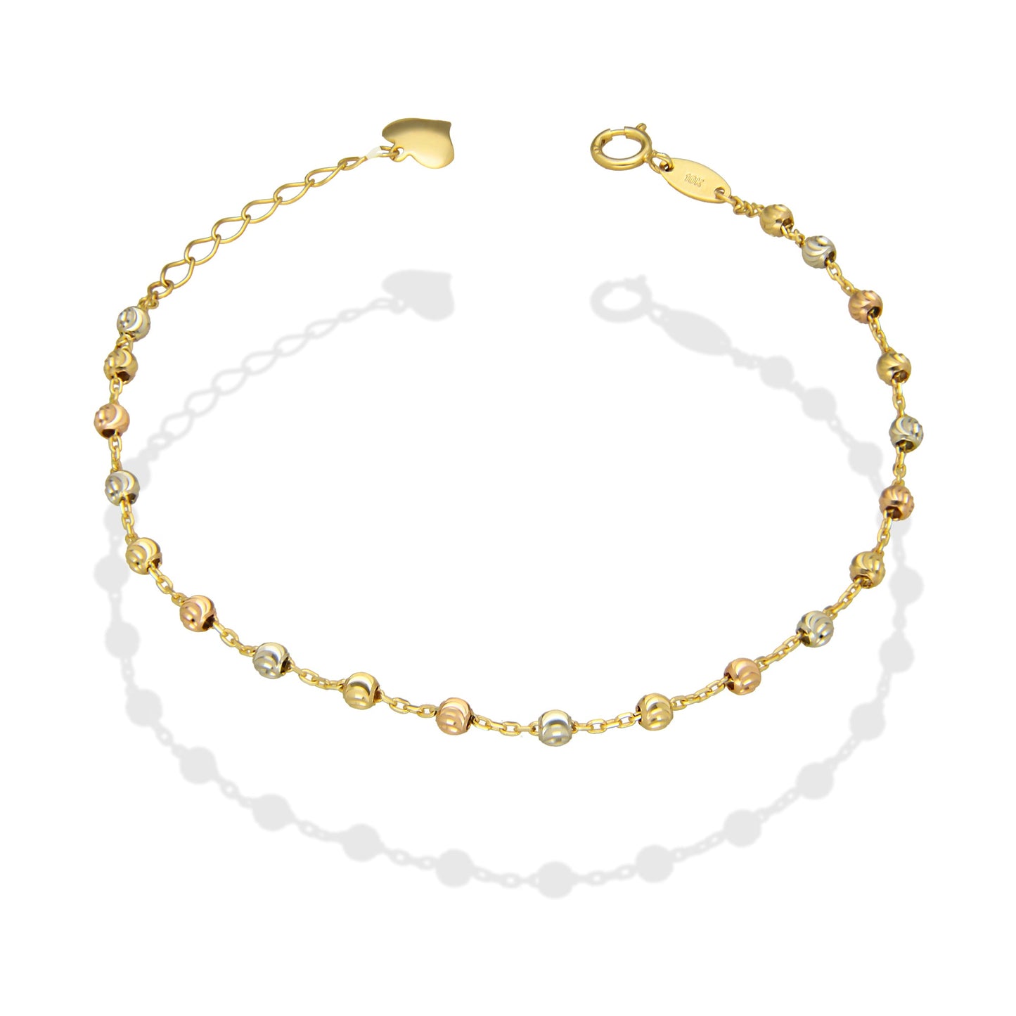 MR10PD074 Pulsera Dama Oro Sólido 10K EM10 Bolitas Diamantadas 2.5 mm Largo Ajustable 16 a 18.5 cm