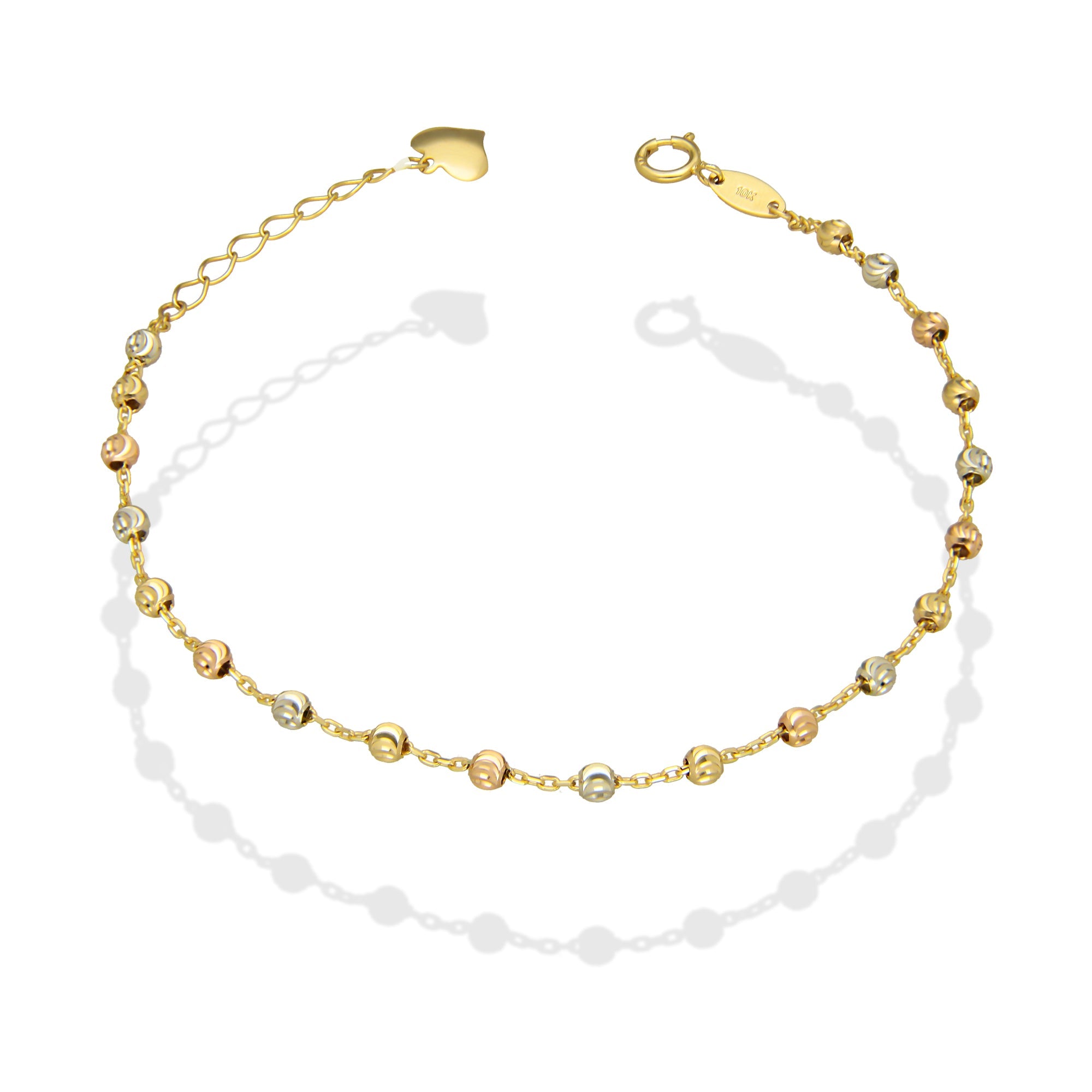 MR10PD074 Pulsera Dama Oro Sólido 10K EM10 Bolitas Diamantadas 2.5 mm Largo Ajustable 16 a 18.5 cm