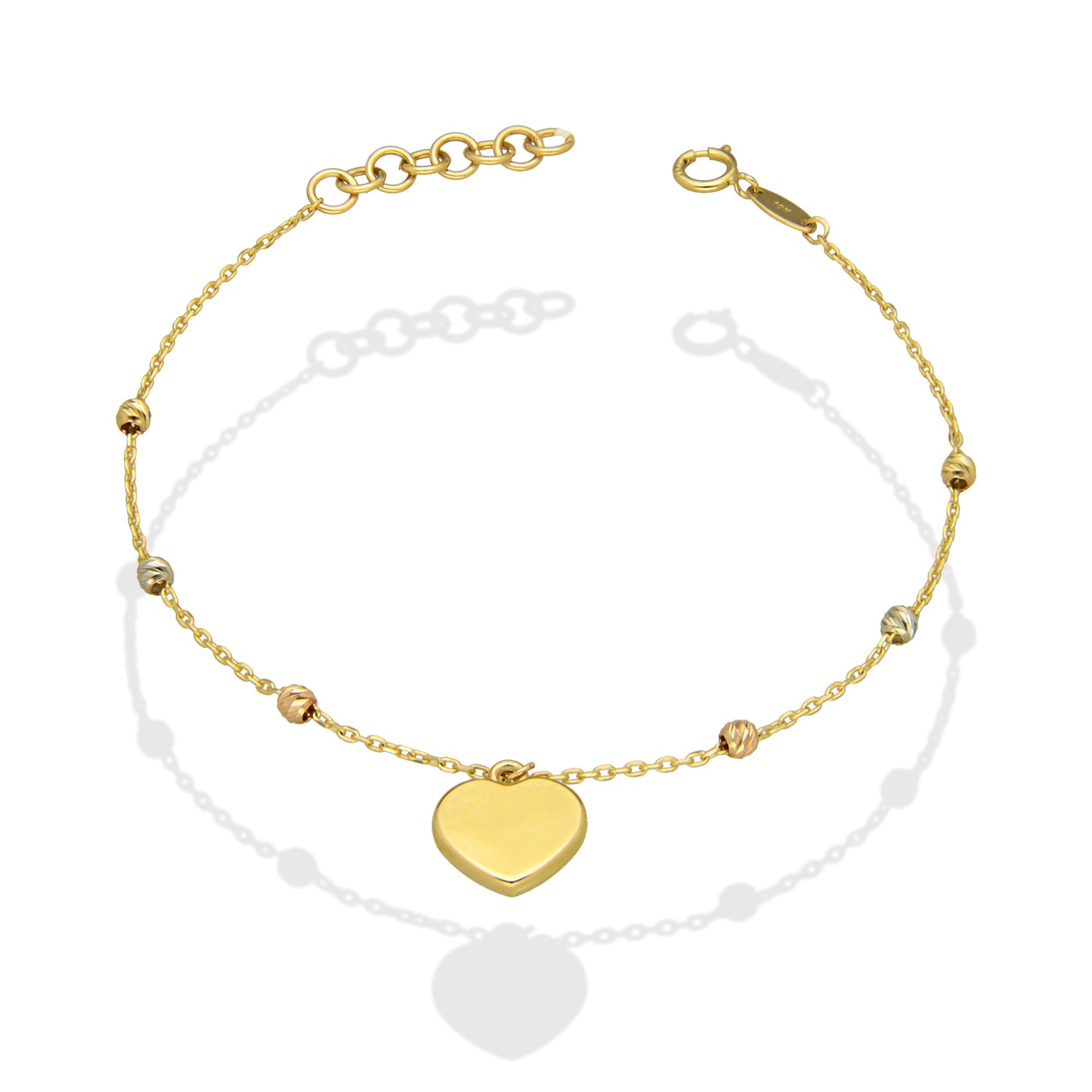 MR10PD075 Pulsera Dama Oro Sólido 10K EM10 Bolitas Diamantadas 2.5 mm con Corazón Liso Colgante Largo Ajustable 16 a 18 cm