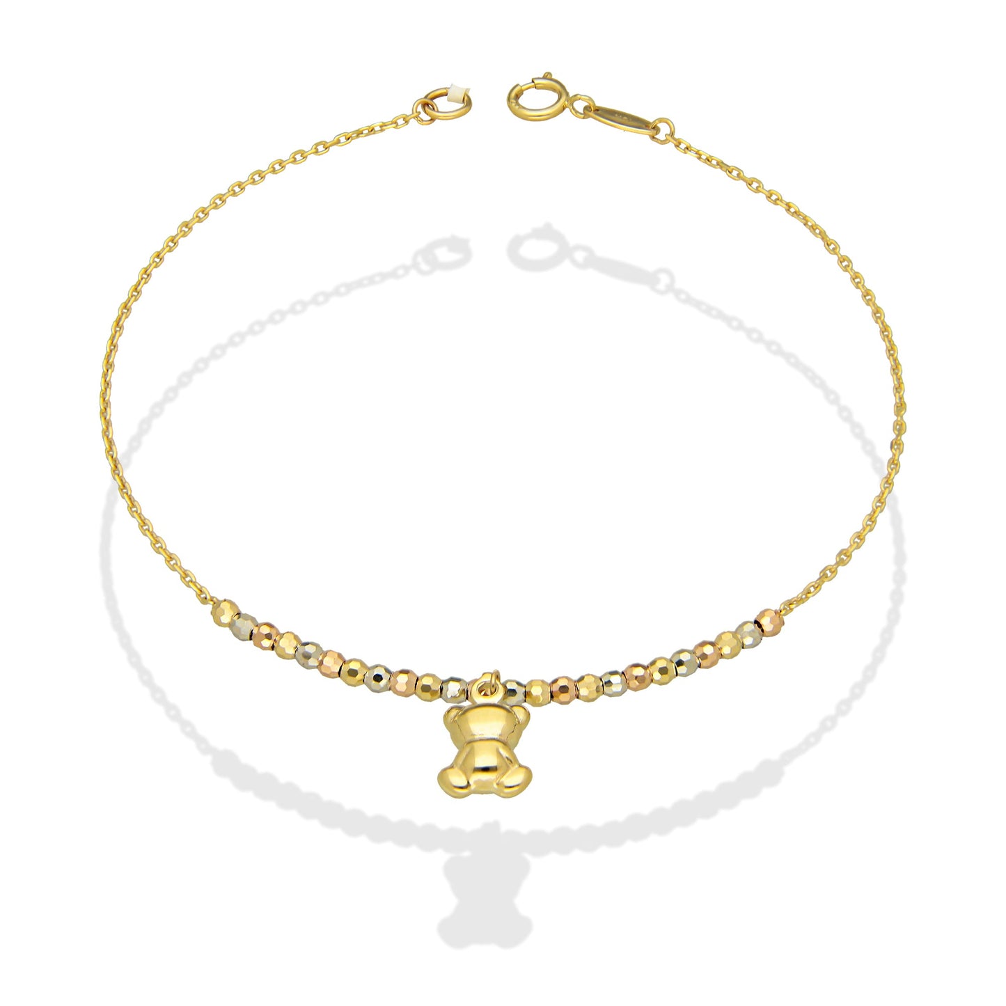 MR10PD077 Pulsera Dama Oro Sólido 10K EM10 Bolitas Diamantadas 2 mm Florentino con Osito Colgante Largo 18 cm