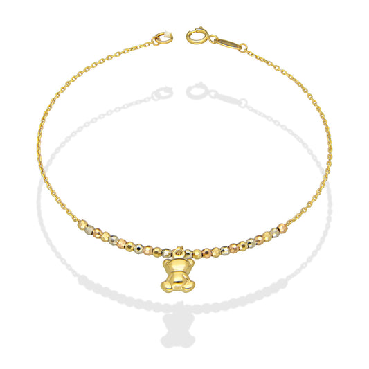 MR10PD077 Pulsera Dama Oro Sólido 10K EM10 Bolitas Diamantadas 2 mm Florentino con Osito Colgante Largo 18 cm