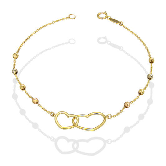 MR10PD078 Pulsera Dama Oro Sólido 10K EM10 Bolitas Diamantadas 2.5 mm Florentino Corazón Duo Largo 18 cm