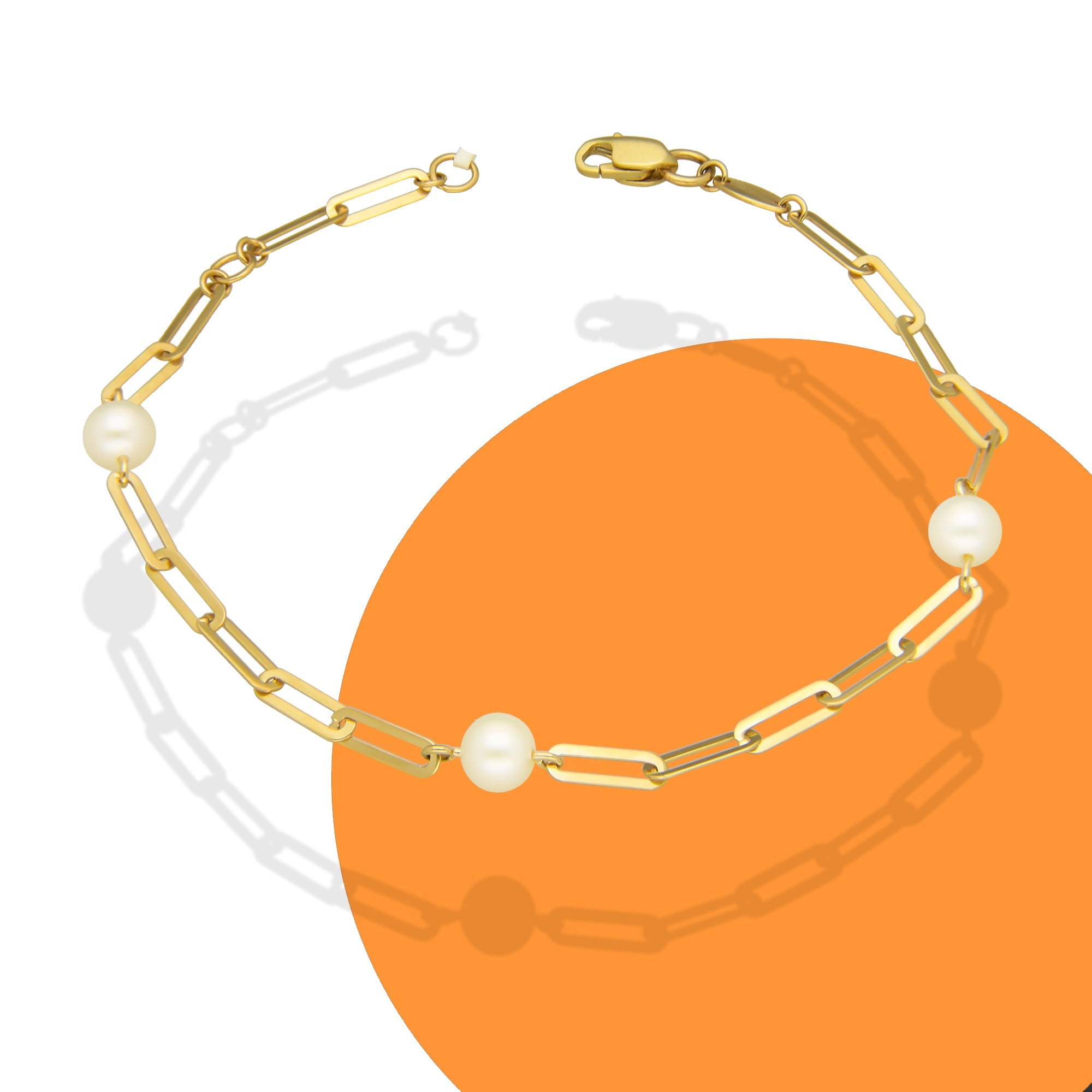MR10PD085 Pulsera Dama Oro Sólido 10K EM10 Clip Largo con Perlas 5 mm x 18 cm