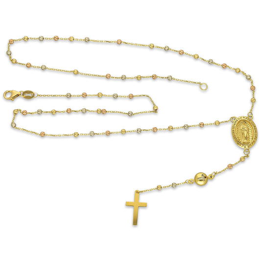 MR10ROS003 Rosario Oro Sólido 10K EMF Bolitas Diamantadas 2 mm Florentino Madona con Bisel Cruz Lisa