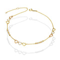 MR10TB011 Pulsera Tobillera Dama Oro Sólido 10K Mod Triada Corazones y Bolitas Diamantadas 6 mm Largo Ajustable 22.5 a 24.5 cm